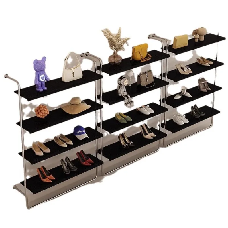 Schuhgeschäft-Ausstellungsregal aus Edelstahl, wandmontiertes, mehrstöckiges, schwarzes Schuhregal, spezielles Ausstellungsregal für Taschen und Schmuck.