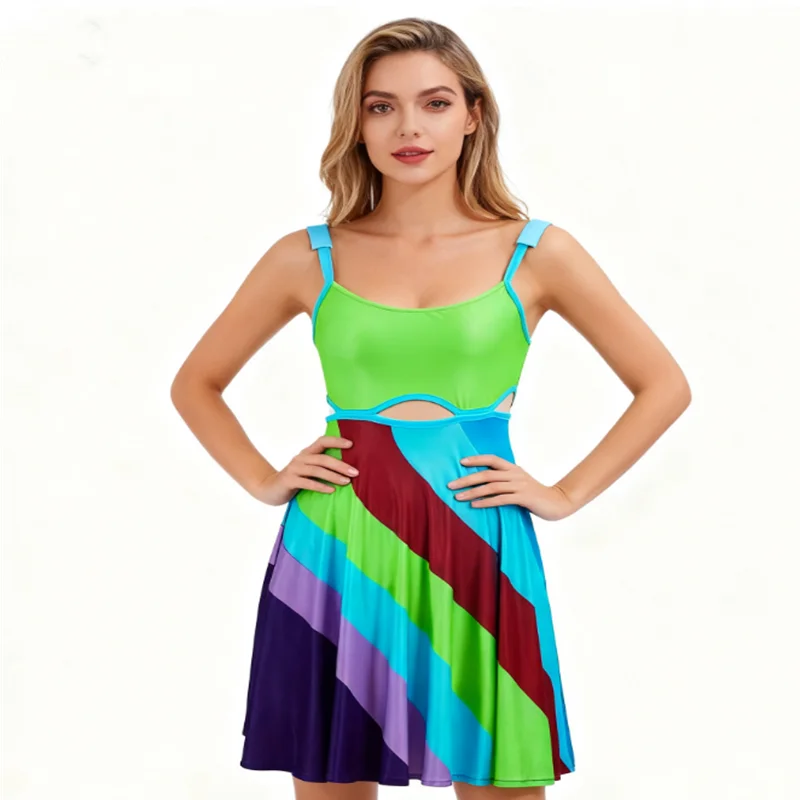 Suddenly 30 Cosplay Halter Green Mini Swimming Skirt Backless Sexy V Neck Summer Beach Sundress Vintage Party Dress Streetwear