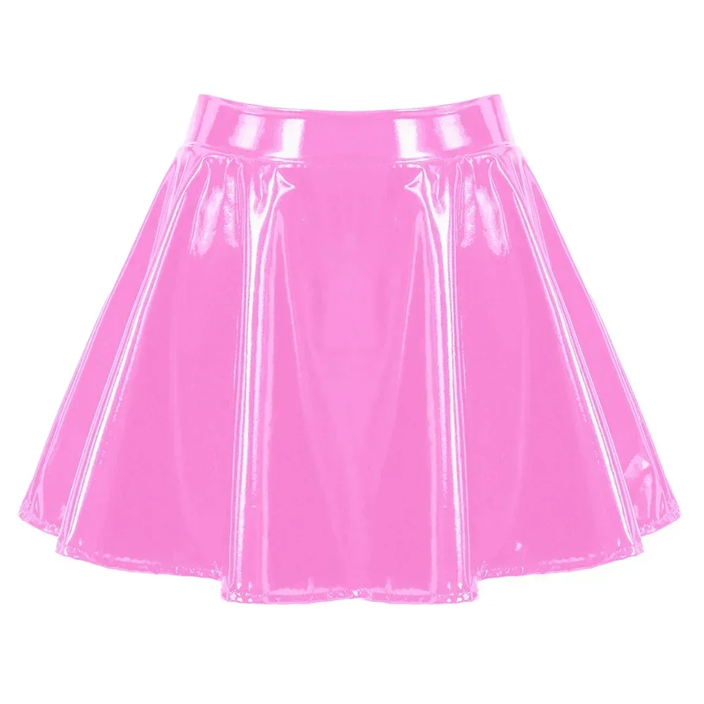 Femal Glossy Short Skirt Pleated Skirts Patent Leather Oily Shiny soft Miniskirt Dance A-Line Solid Color Skirt Erotic Clubwear