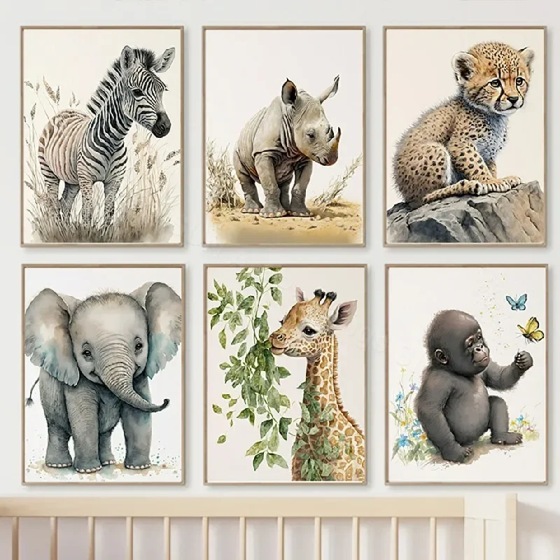 

Giraffe Elephant Zebra Orangutan Rhinoceros Baby Animal Wall Art Canvas Painting Posters And Prints Pictures For Kids Room Decor