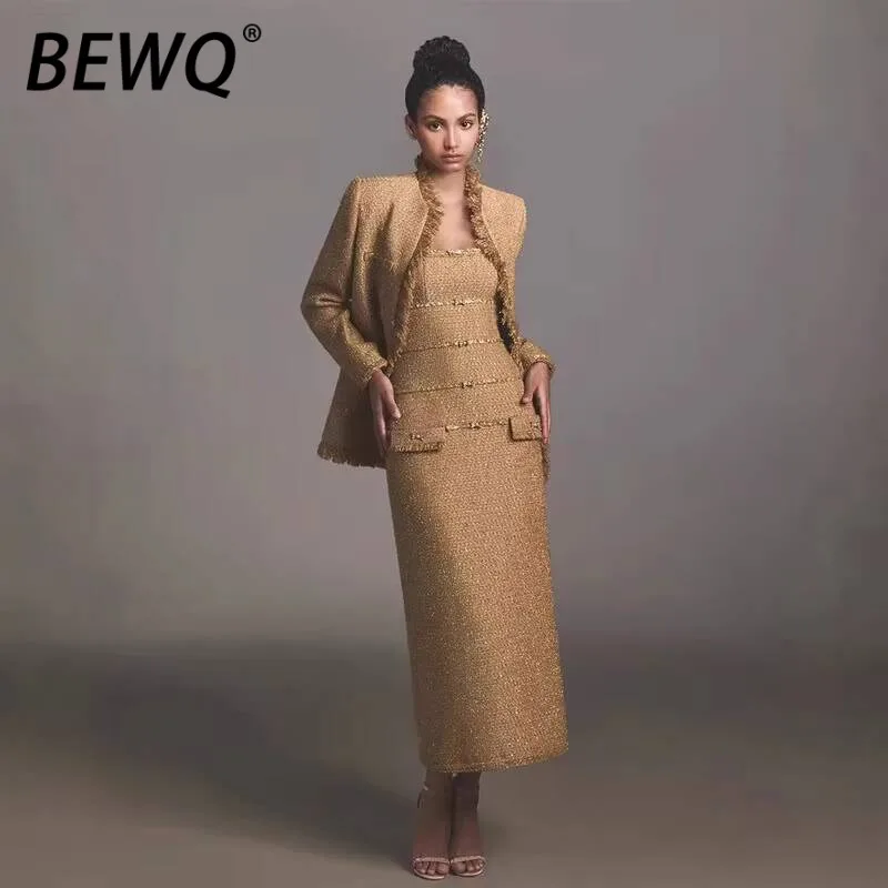 

BEWQ модный женский комплект из 2 предметов, пальто с длинными рукавами без бретелек, тонкое платье с талией, однотонный костюм, вечерняя вечеринка, новинка осени 2023 г.