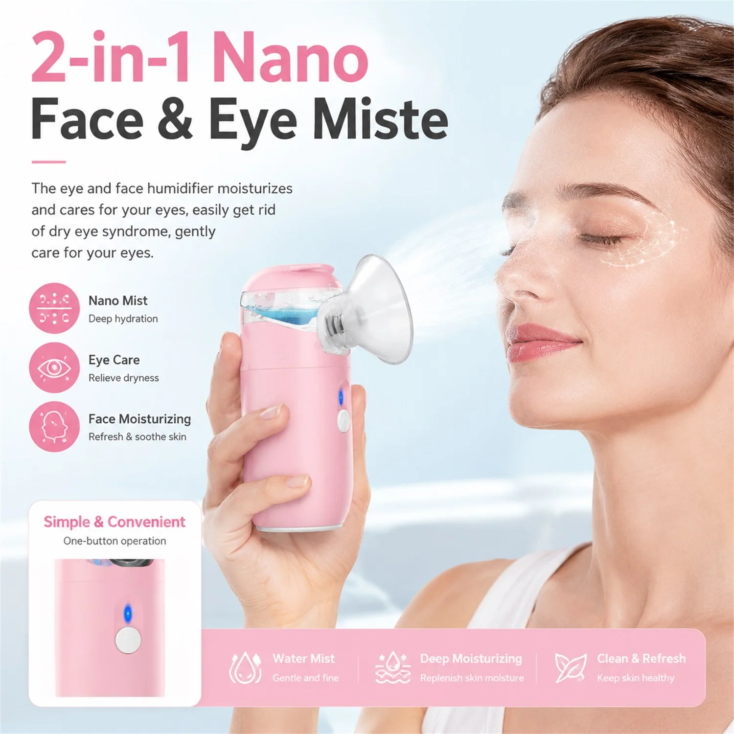 2 in 1 Protable Eye Mist Steam Sprayer Mini Eye Moisturizing Cleaning Soothing Steamer for Dry Tired Eyes and Facial Skin Care