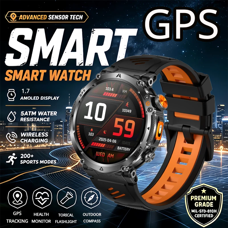 

2026 New Military GPS Sports Smart Watch Men Compass 5ATM Waterproof Swim Fitness Tracker AMOLED HD SmartWatches 850Mah Battery