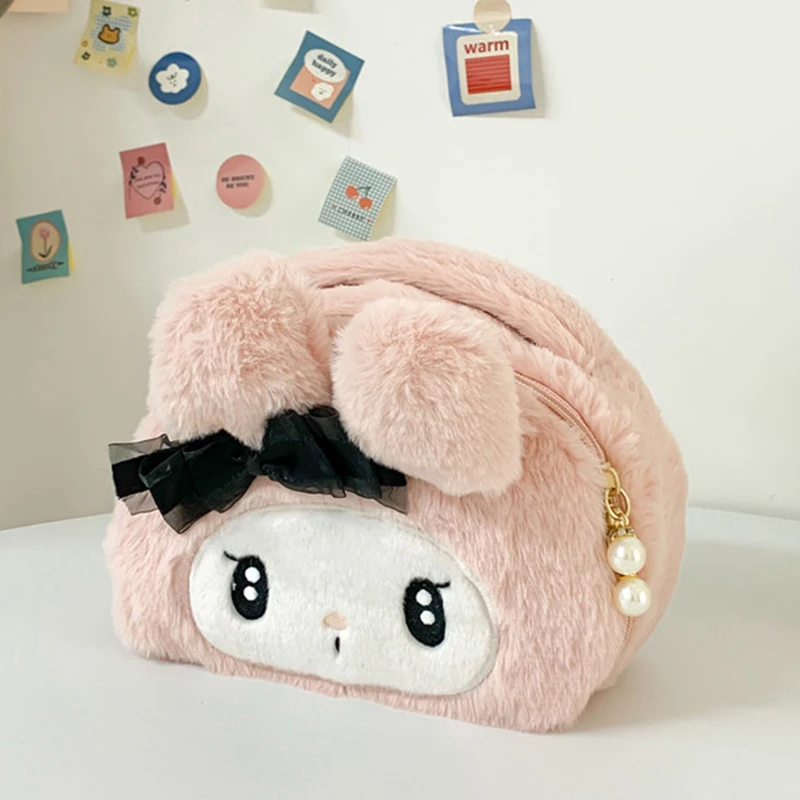 Kawaii Sanrio Plush Kuromi Melody Make Up Cosmetic Bag Cartoon Large Capacity Storage Bags Portable Handbag Girl Gifts