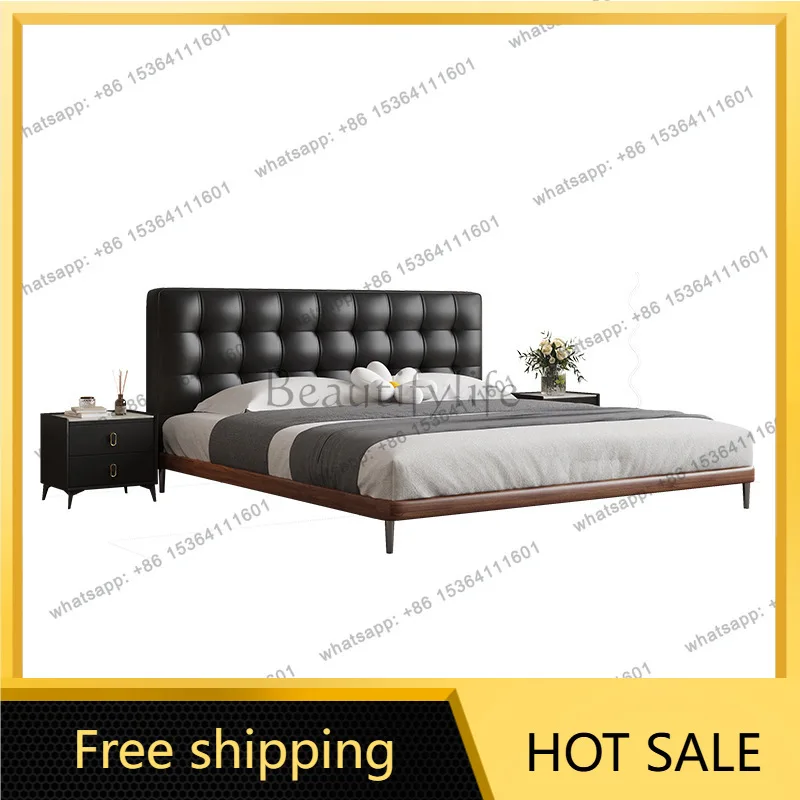 Factory Direct Sales New Leather Bed Modern Minimalist Black Soft Bag Vintage Solid Wood Queen Bed