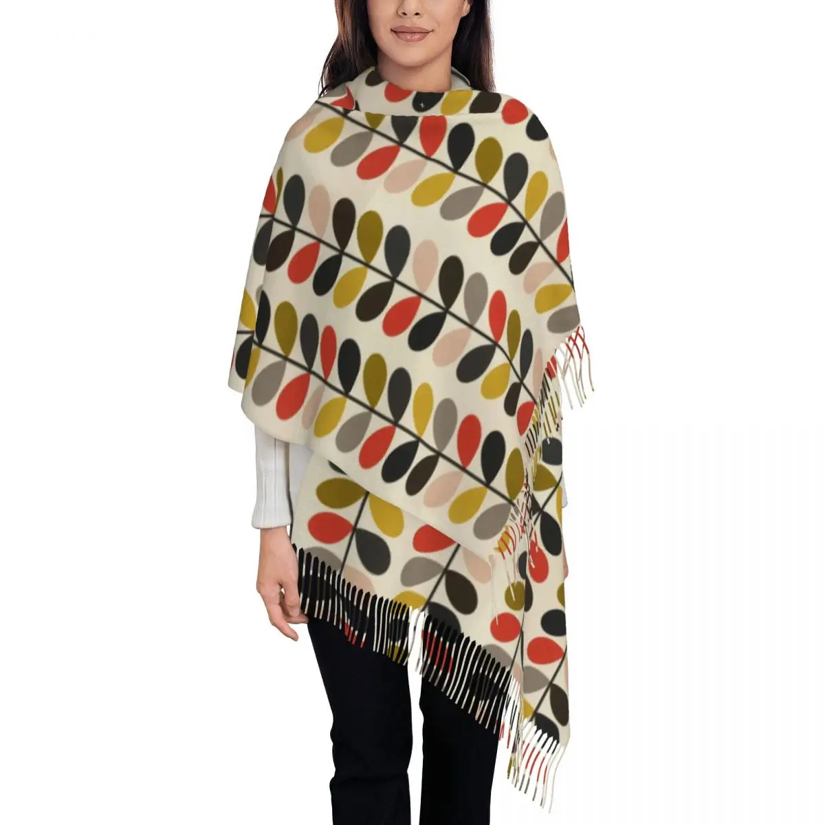 

Female Large Orla Kiely Multi Stem Scarves Women Winter Fall Soft Warm Tassel Shawl Wraps Flowers Floral Abstract Scarf