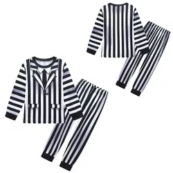Kids Boys Girls Black and White Stripe Horrible Monk T Shirt Long Pants Set Outfit Christmas Role Play Halloween Cosplay Costume