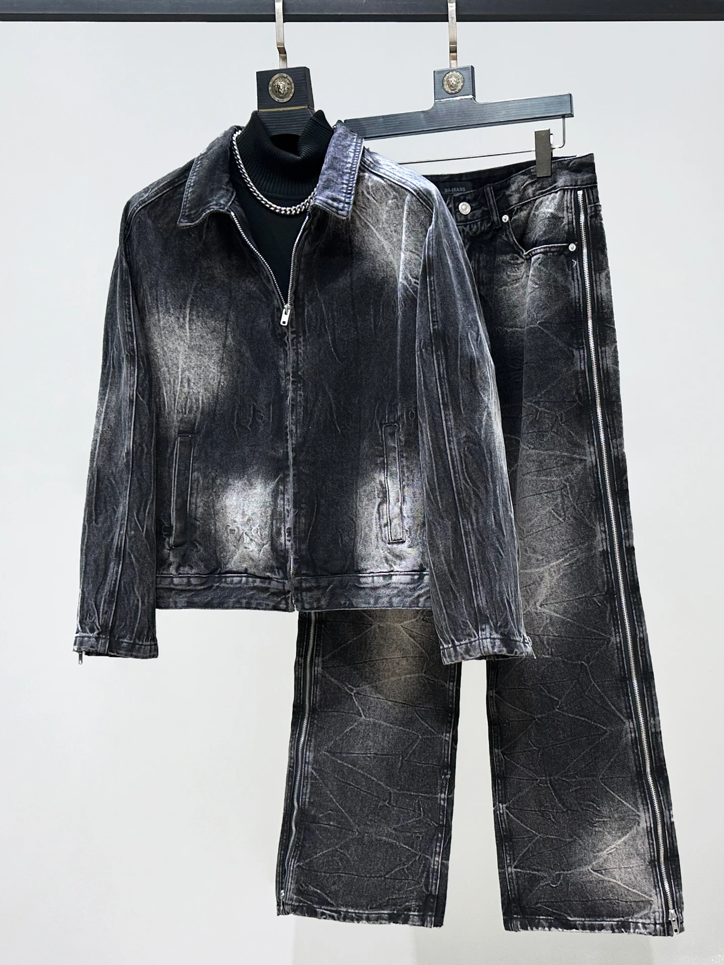 

Original American Retro Washed Denim Set Loose Casual Wide Leg Pants Men High Sensation Cool Style Fashionable Youth Autumn
