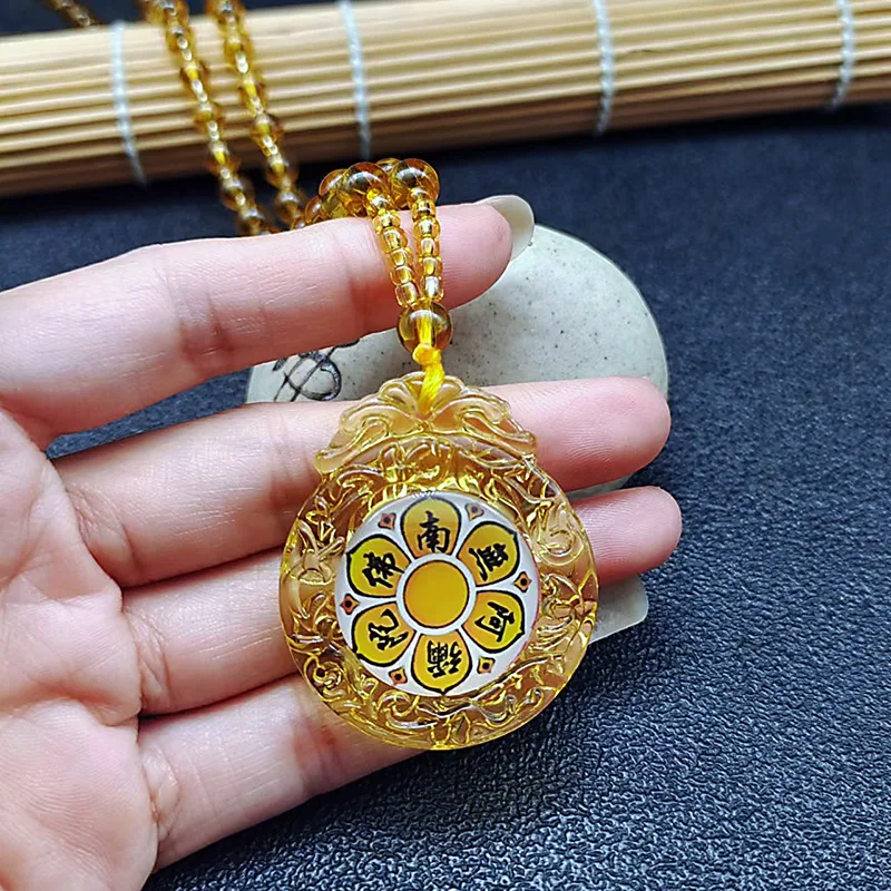 Yellow Guanyin Pendant Necklace Chinese Style Buddhist Great Compassion Mantra Buddha Amulet Hinduism Necklace Gifts Jewelry