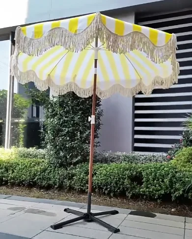 Large 2M Tassel Fringe Beach Umbrella - Yellow Striped Sun Shade for Camping & Outdoor Relaxation