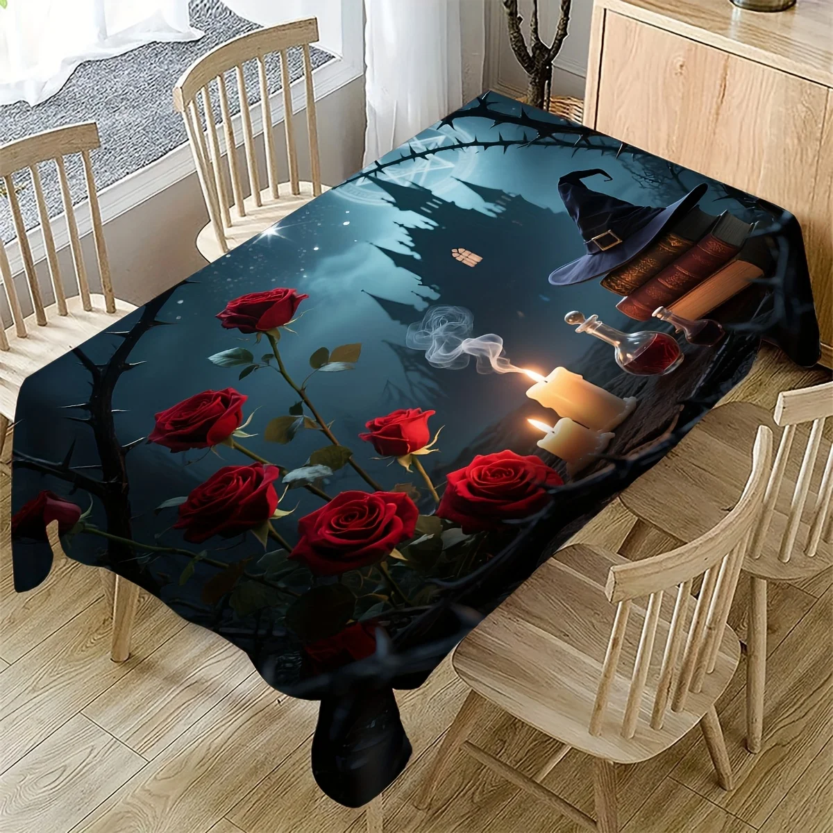 - 1pc Dark Fantasy Style Printed Tablecloth, featuring intricate thorny roses, candles, and an ancient castle silhouettezyc