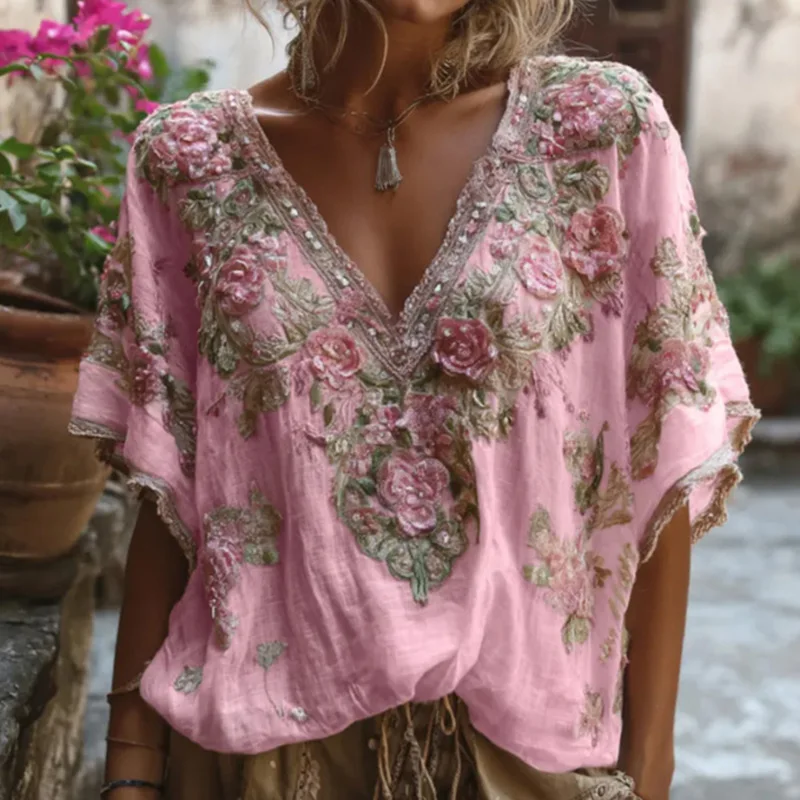 Casual V-neck Short Sleeve Tee-shirts Summer New Contrast Color Commute Lady Blouse Fashion Stereoscopic Floral Print Loose Tops