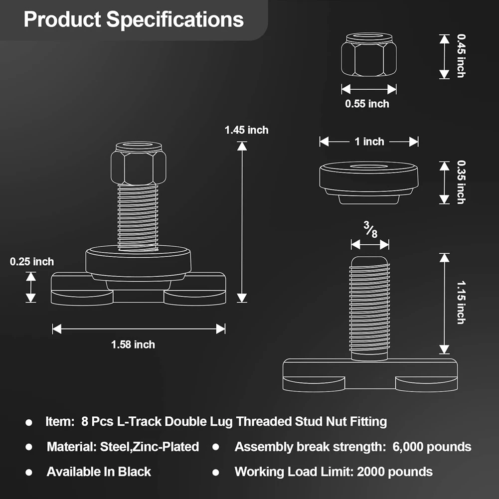 

A20F-8 Pcs L-Track Double Lug Threaded Stud Nut Fitting Tie Down Used With L Track Rail For Truck Bed,Trailer Cargo