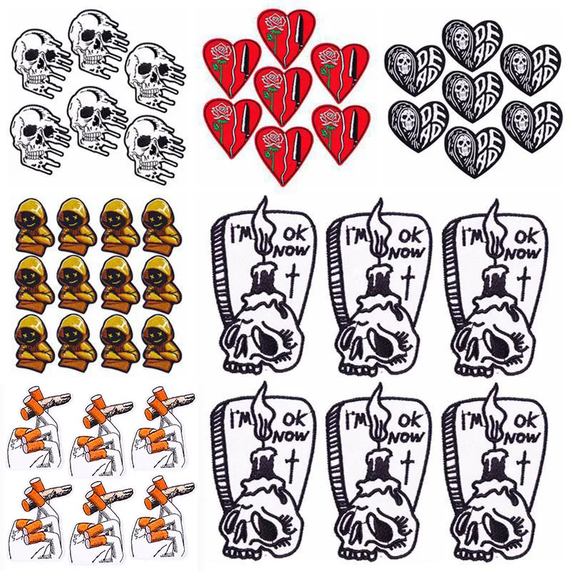 Prajna 10PCS Grave Ghost Embroidery Patch On Clothes Thermoadhesive Patches Punk Knife Iron On Patches For Clothing Skeleton DIY