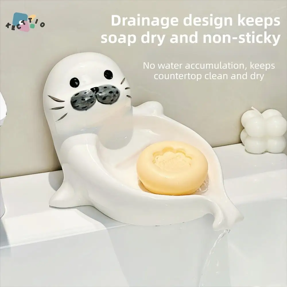 

Cute Sea Lion Soap Dish Drainable Soap Box Self Draining Soap Holder Ceramic Soap Container Bathroom Decor Organizer Kitchen