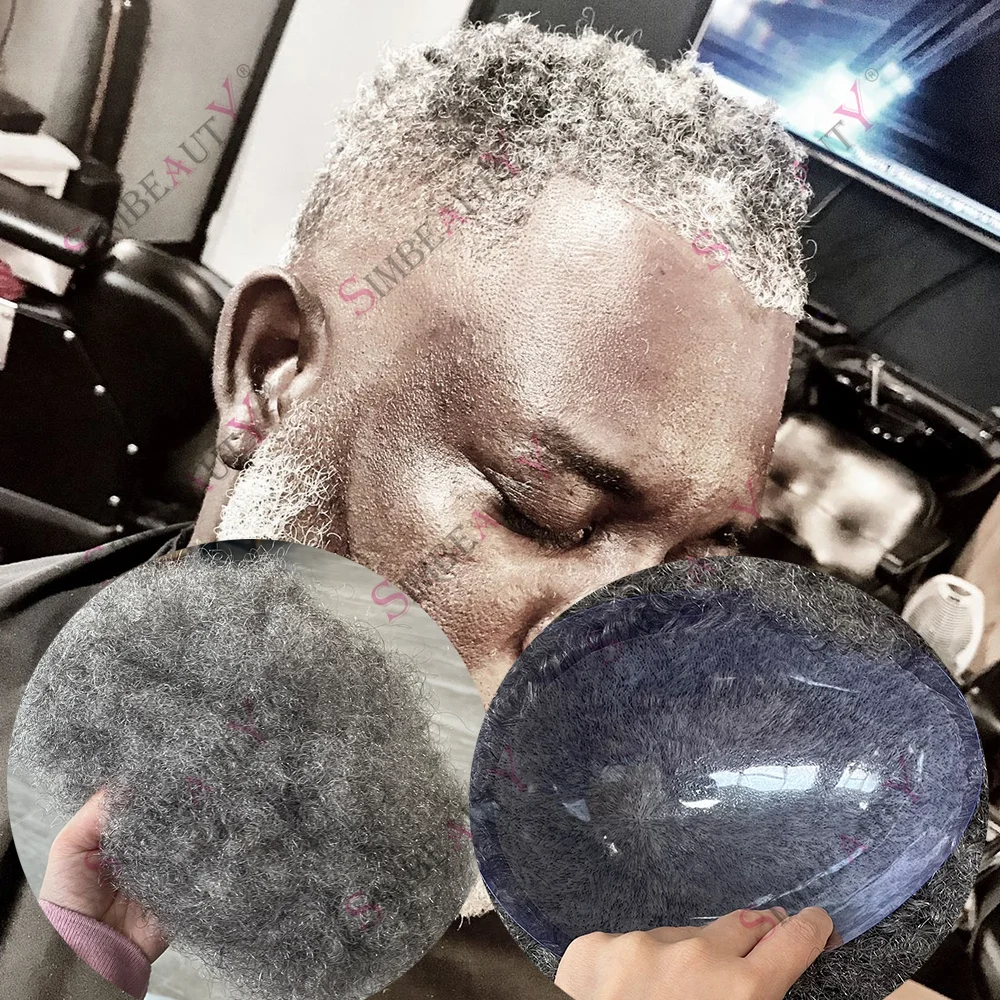 

Grey #1B50 1B65 6mm Curly Full PU Afro Mens Toupee Salt Pepper System Natural Looking Realistic Hairpieces for Bald Replacement