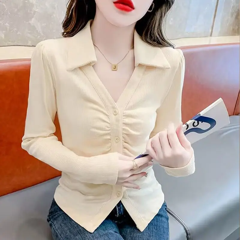 

Женская футболка с длинным рукавом и воротником-поло, осень 2026, винтажная облегающая блузка с рюшами, милый стиль, модная блузка с завязкой на талии, топ ​