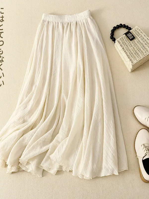 Loose High Waist Double Layered A-Line Midi Skirt for Women Casual Simple Style Cotton Linen Half-length Skirt