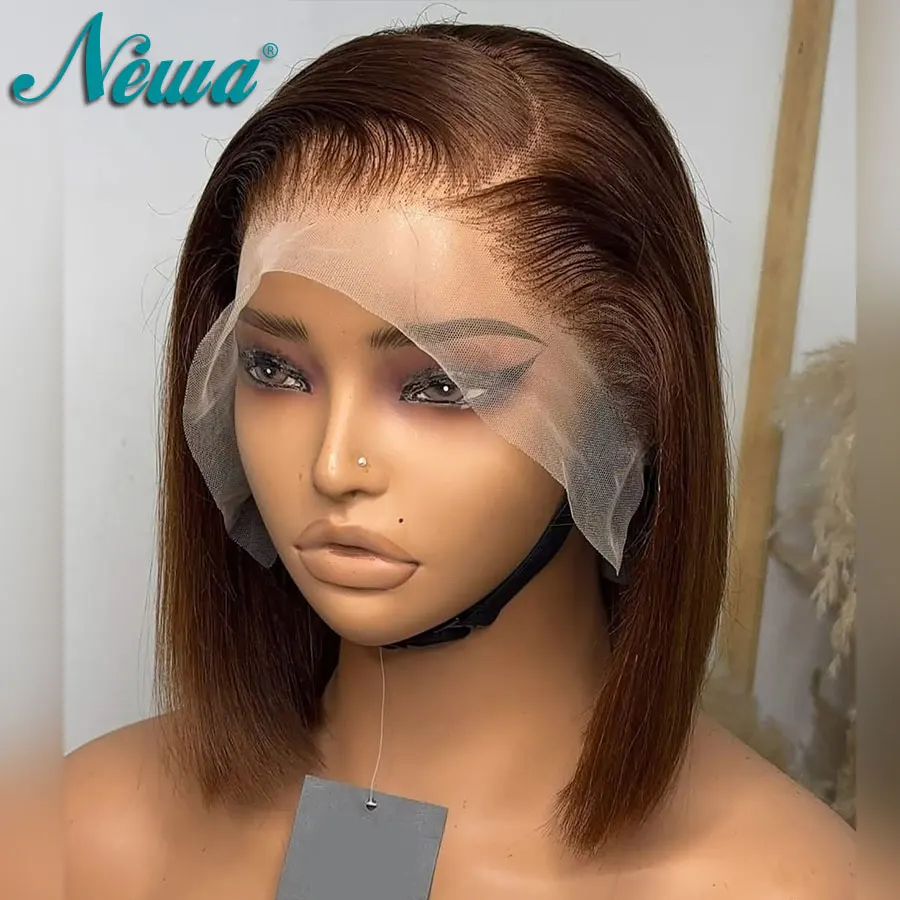 Newa الشعر 13x6 الدانتيل شعر مستعار أمامي قصير بوب شعر مستعار البرازيلي باروكة من شعر طبيعي براون اللون غلويليس شعر مستعار 13x6 الدانتيل الباروكة قبل قطعها للنساء