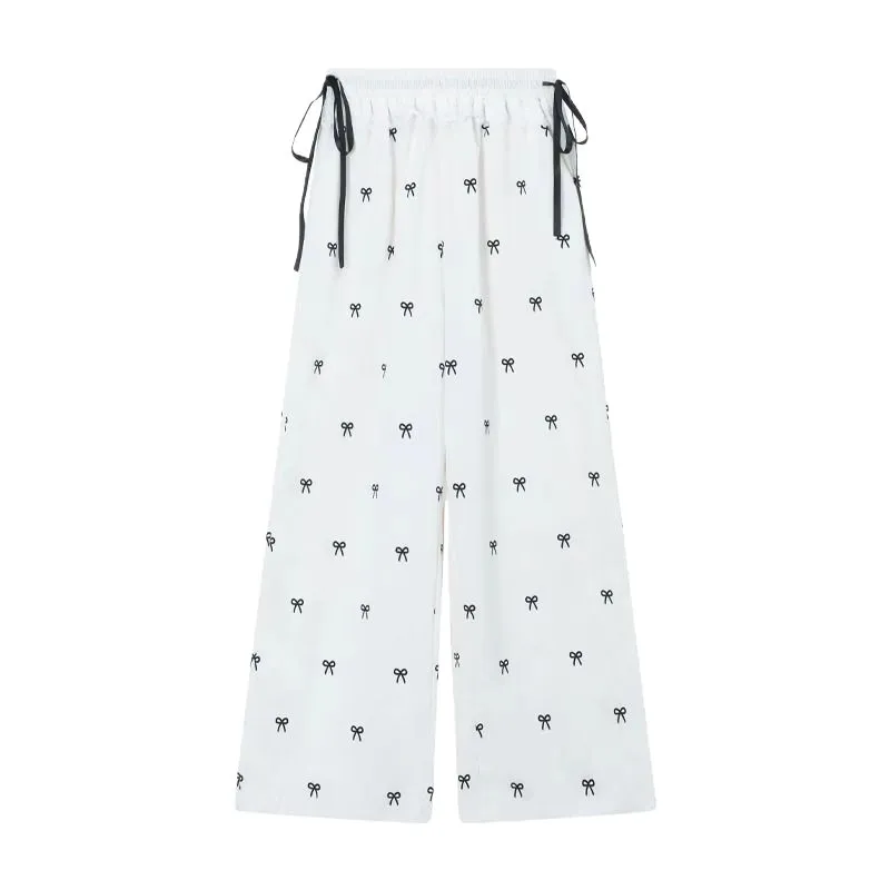 레이스 엣지 패치워크 캐주얼 팬츠, 리본 팬츠, 아동 여름 루즈핏 밴딩 와이드 팬츠, 스트레이트 팬츠, 시원하고 사랑스러운