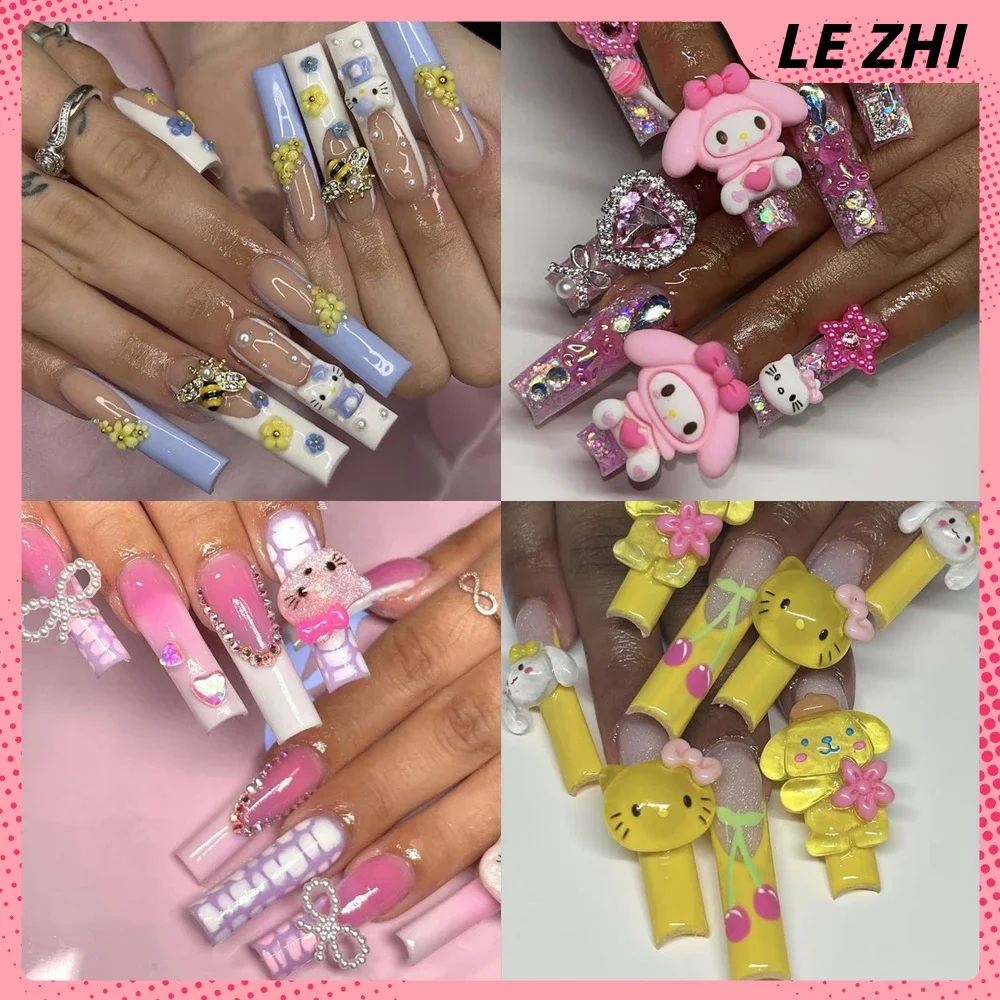 Xxl Square 10Pcs Y2K Hello Kitty Handmade Press On Nail Charm Decor Fake Nails Korean Sweet Lady Glitter Partysticker Fake Nails