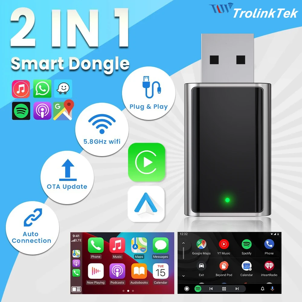 Adattatore CarPlay wireless 2in1 Dongle Android Auto Connessione rapida Dongle USB Smart Mini Box Plug Play per auto con CarPlay cablato