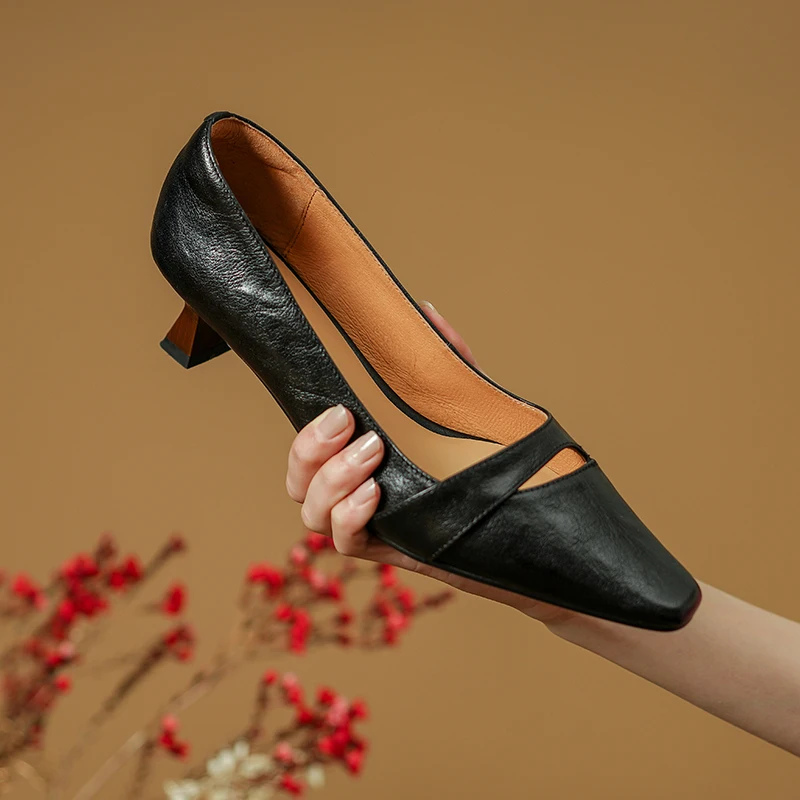 Spring Summer New Vintage Women Pumps Slip on Kitten Heels Cowhide Shoes Cozy Med Heels French Style Women Shoes on Heel 4.5 CM