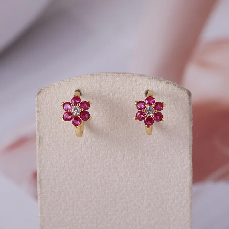 

Trendy Jewelry Simple Pink Shimmering Flowers Fuxia C-shaped Earrings for Women Girl Mini Hoop Daily Wear Party Gift Jewelry