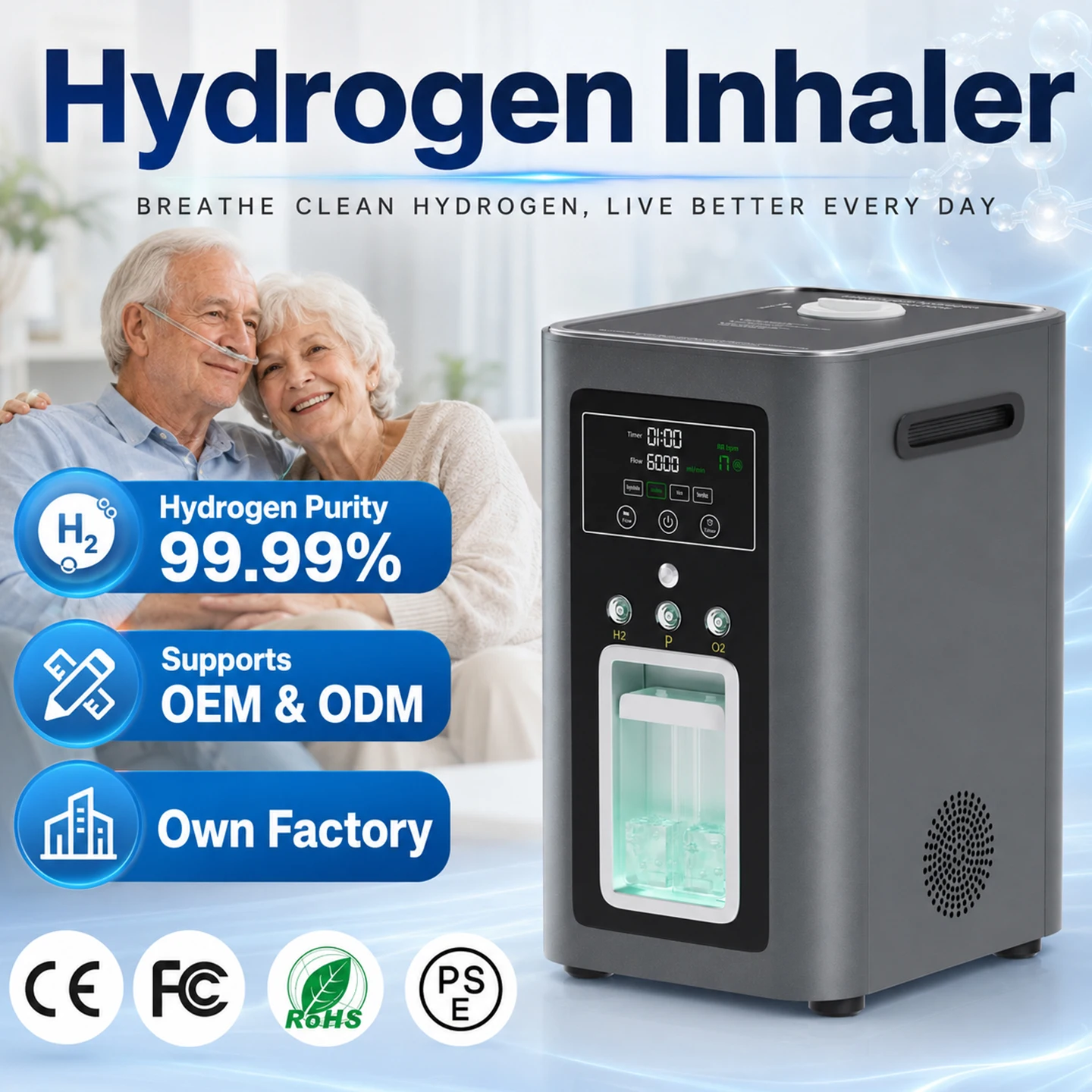 Hydrogen inhaler Household Therapy hydrogen generator Machine HHO gas generator Intelligent Breathing Device Pulse mode 6000ml