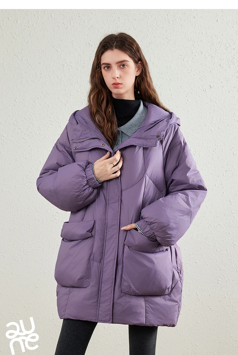 TOYOUTH Womens Down Jacket 2026 Winter New 90 White Duck Down Purple Hooded Large Pocket Warm Long Outerwear