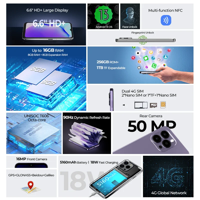 HOTWAV Note 13 Pro 4G Android 13 الهاتف المحمول 6.6 بوصة HD + 90 هرتز 8 جيجابايت 256 جيجابايت 50 ميجابكسل كاميرا الهاتف الذكي بطارية 5160 مللي أمبير في الساعة الهاتف المحمول