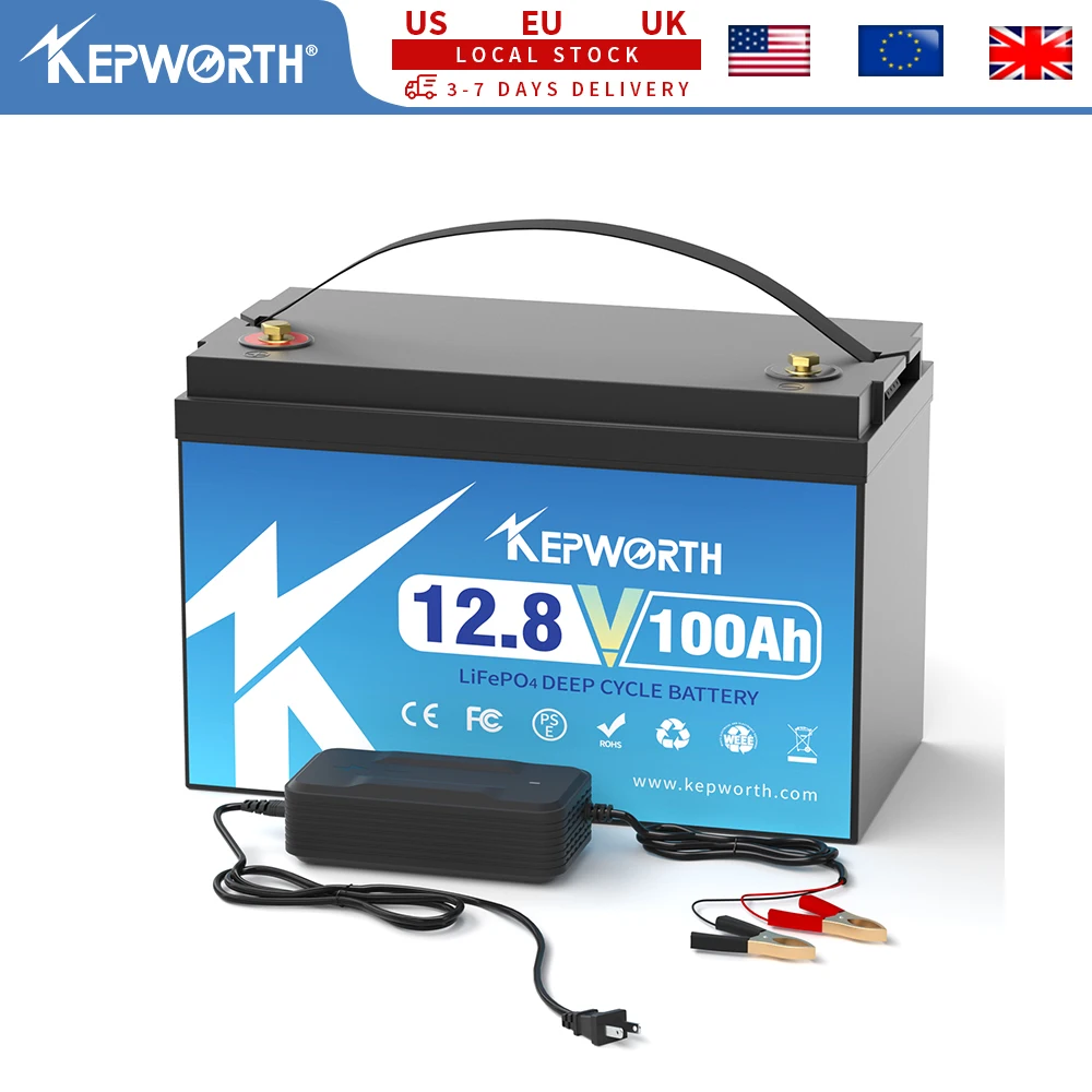 بطارية KEPWORTH 12 فولت 100 أمبير LiFePO4، 6000 دورة، BMS مطورة، لعربة الجولف الشمسية RV خارج الشبكة، مخزون الولايات المتحدة الأمريكية/الاتحاد الأوروبي