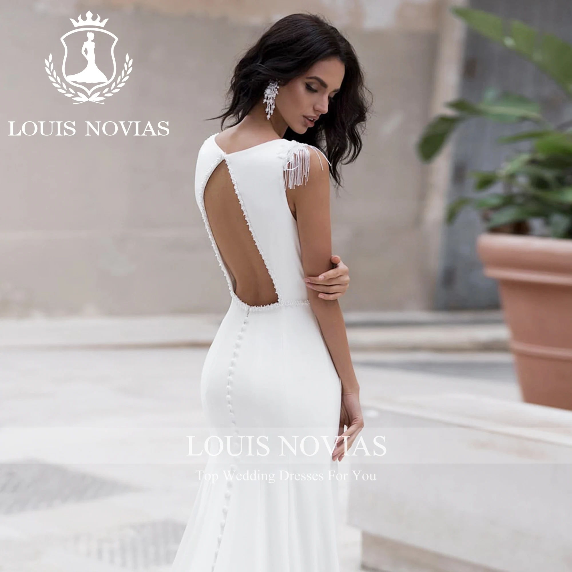 فساتين زفاف LOUIS NOVIAS حورية البحر من الساتان للنساء عتيقة بأكمام قصيرة وشرابة ثنيات ثوب زفاف Vestidos De Novia