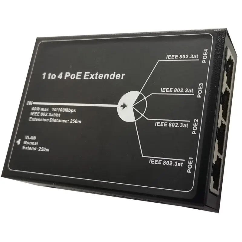 

New--1 To 4 Poe Extender 4 Port Poe Extender IEEE802.3At Poe Extender Max Extend 250M 65W Max For Ip Camera 10/100M