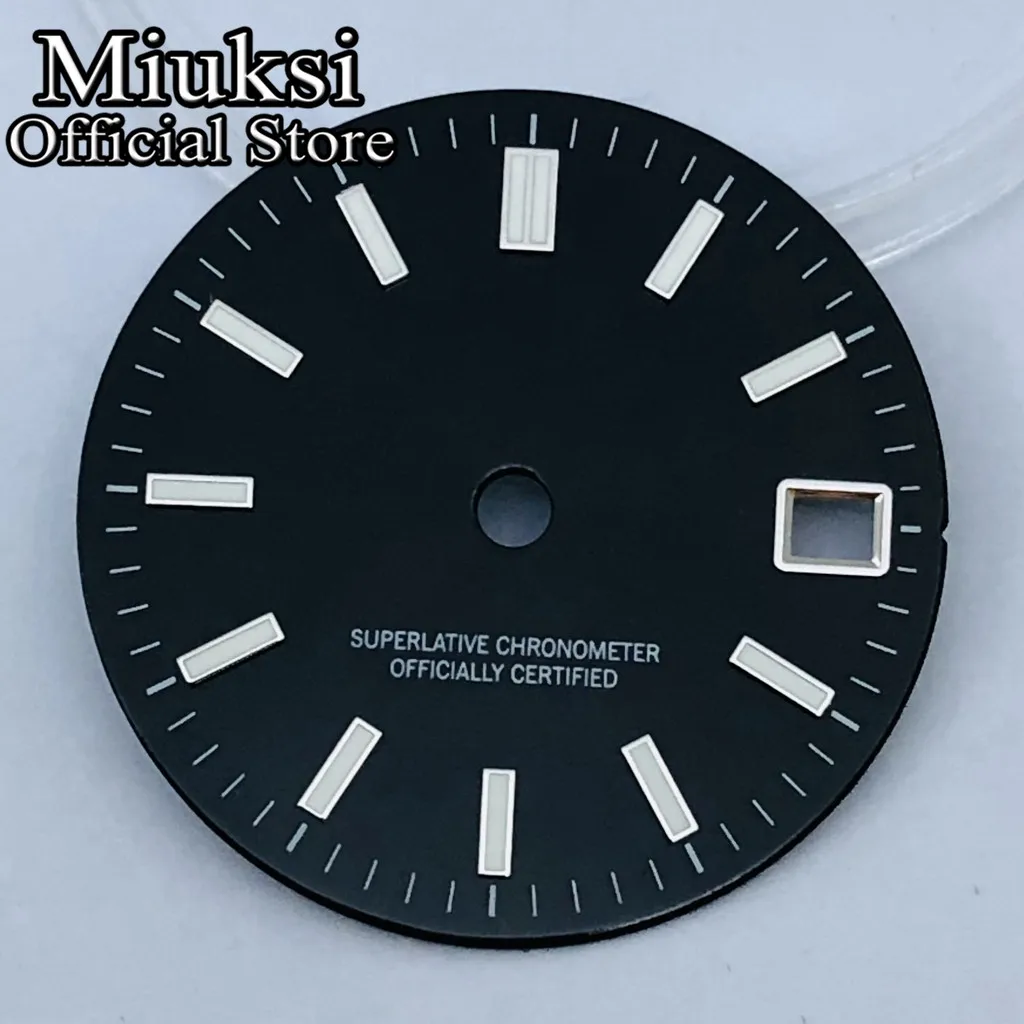 Miuksi 29mm black gold red blue watch dial green luminous dial fit NH35 movement fit 3 o\'clock crown 3.8 o\'clock crown