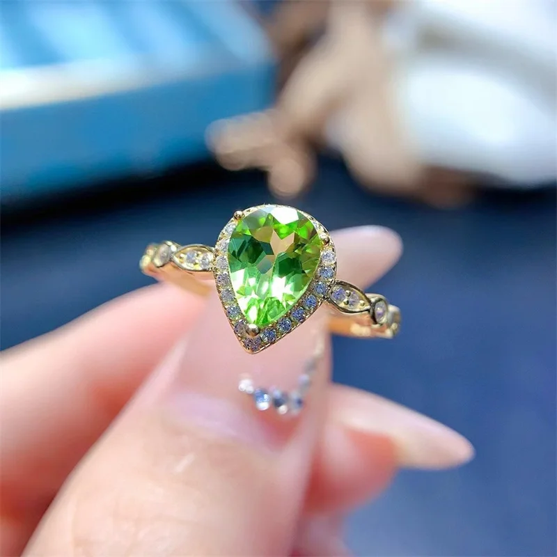

Natural Pear Shape Peridot Ring 925 Sterling Silver Wedding Ring for Women Gorgous Girl Fine Jewelry with Certificate