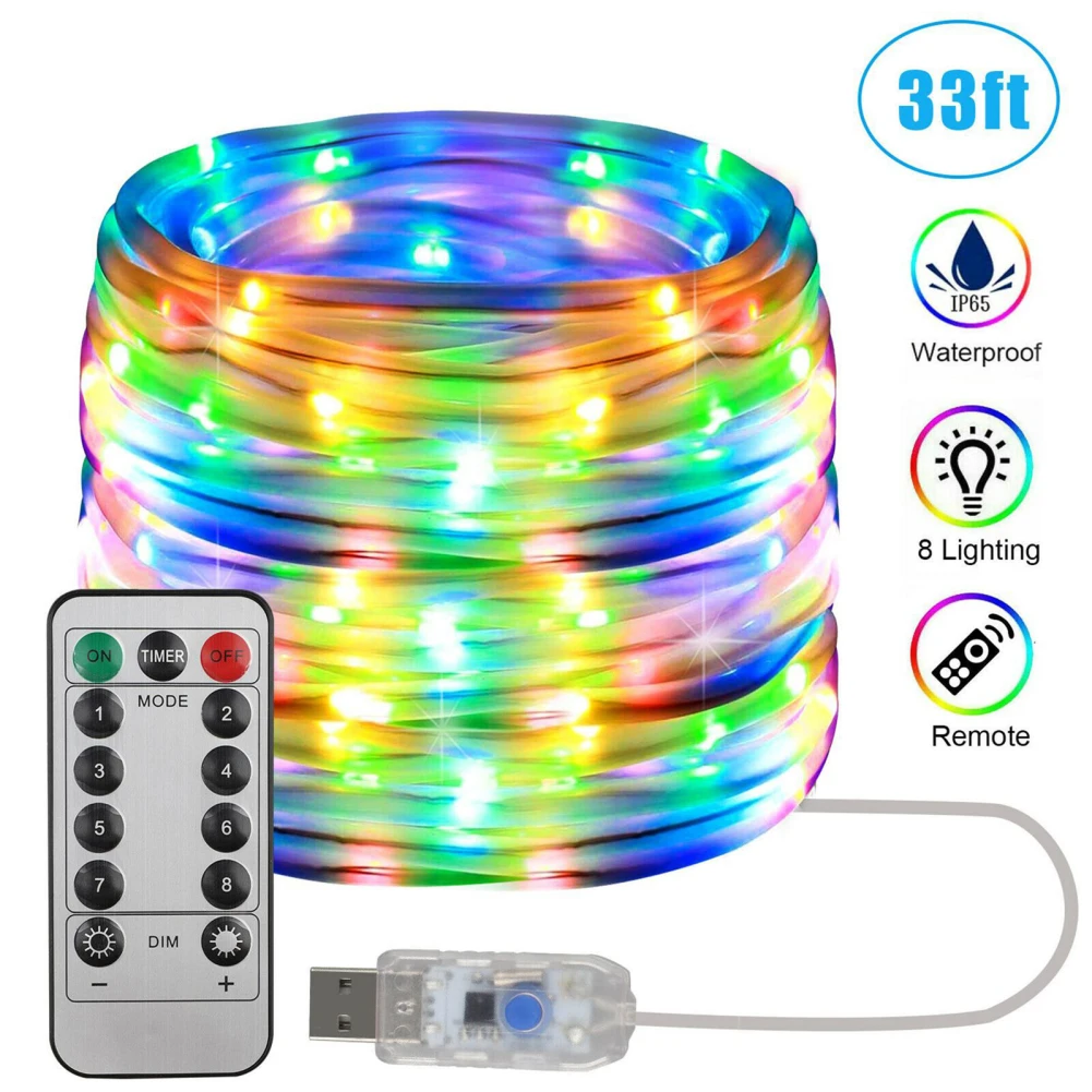 Impermeável USB LED String Lights, controle remoto, iluminação ao ar livre, Fairy Lights, 8 modos de iluminação, atacado, IP65