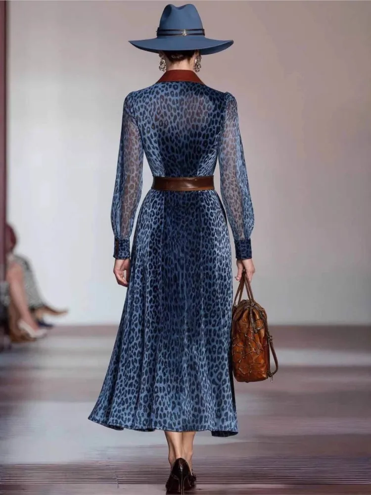 

Elegant Lapel Long Sleeve Single Breasted Dress Women's Fashion Spring Autumn Leopard Printing Stitching Casual Dresses Female