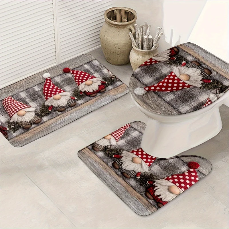 Christmas Gnome Pattern 3-Piece Bathroom Rug Set – Machine Washable, Knit Weave Polyester Bath , Contour Mat, and Toilet Lid