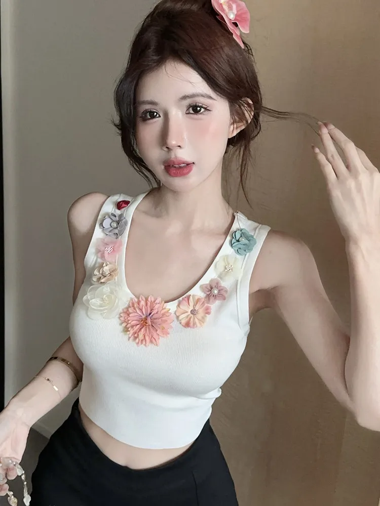 SMTHMA New Fashion Three-Dimensional Flower Knitted Slimming Vest Women's Summer Sleeveless Top