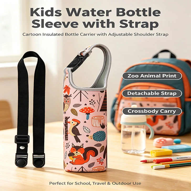 Student Crossbody Water Bottle Holder, Cute Cartoon Insulated Cup Sleeve with Dual Straps for Back to School Outdoor Travel