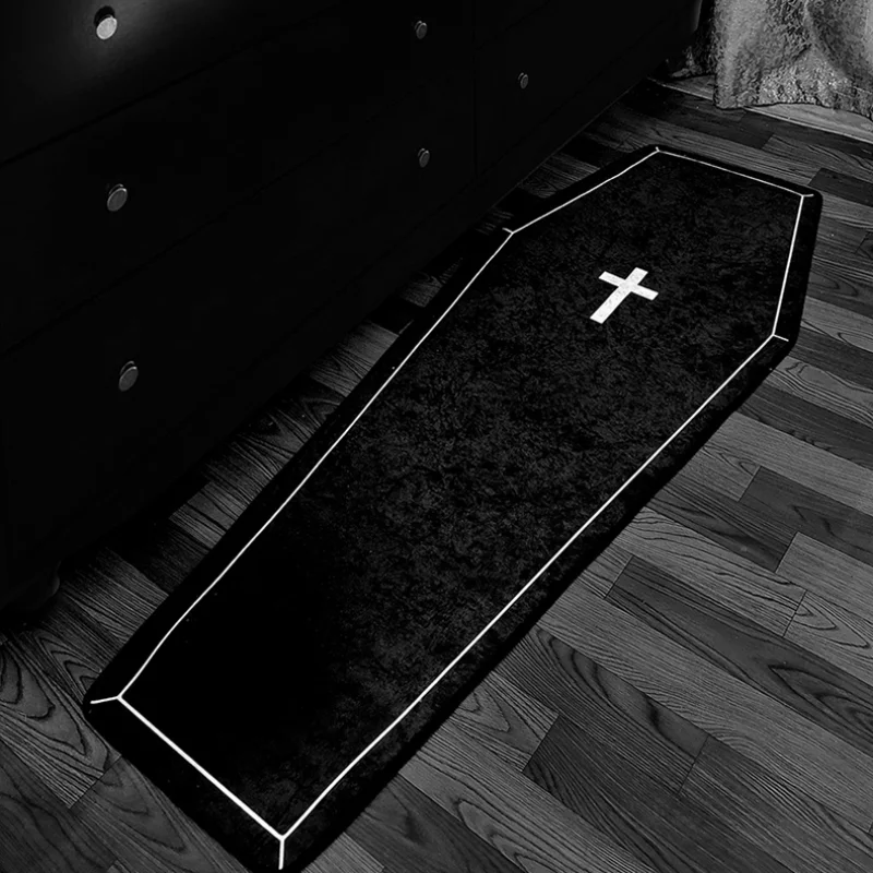 Image of VIKAMA Gothic-Halloween-Teppich, langlebig, weißes Kreuz, Schlafzimmer, Wohnzimmer, dekorative Bodenmatte, minimalistische Halloween-Heimdekoration