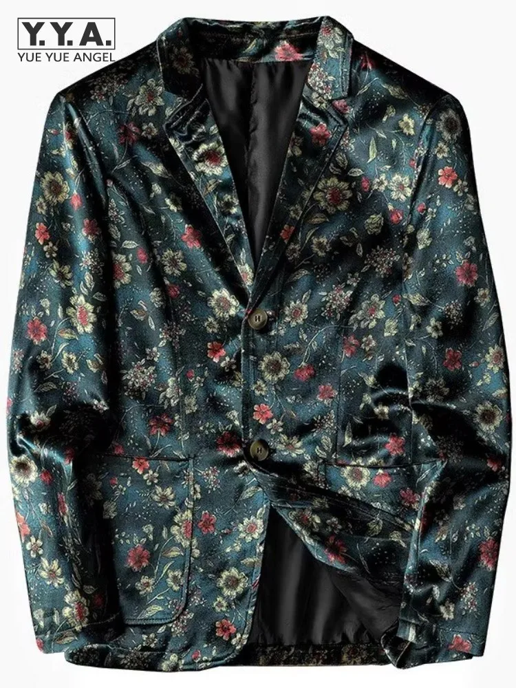 

Banquet Vintage Flower Printed Velvet Suit Jacket Spring Autumn Business Casual Men Blazers Coat Slim Single Breasted Outerwear