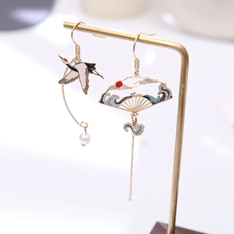 

Style Ancient Fan Crane Ethnic Drop Earrings For Women Girls Cute Asymmetrical Tassel Stud Dangle Enamel Jewelry