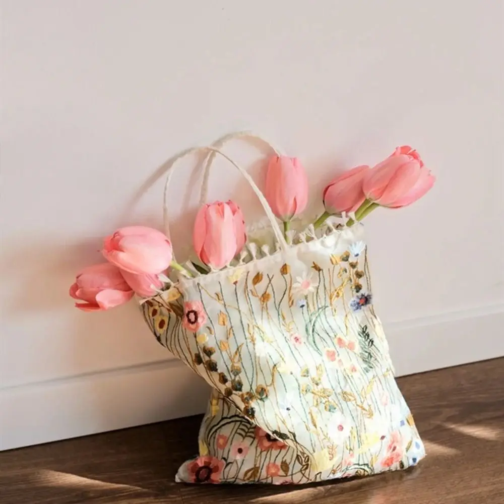 

Portable Camellia Flower Embroidery Cloth Bag Lace Large Capacity Canvas Shoulder Bag Tote Bag Handbag Ethnic Style Bag Women