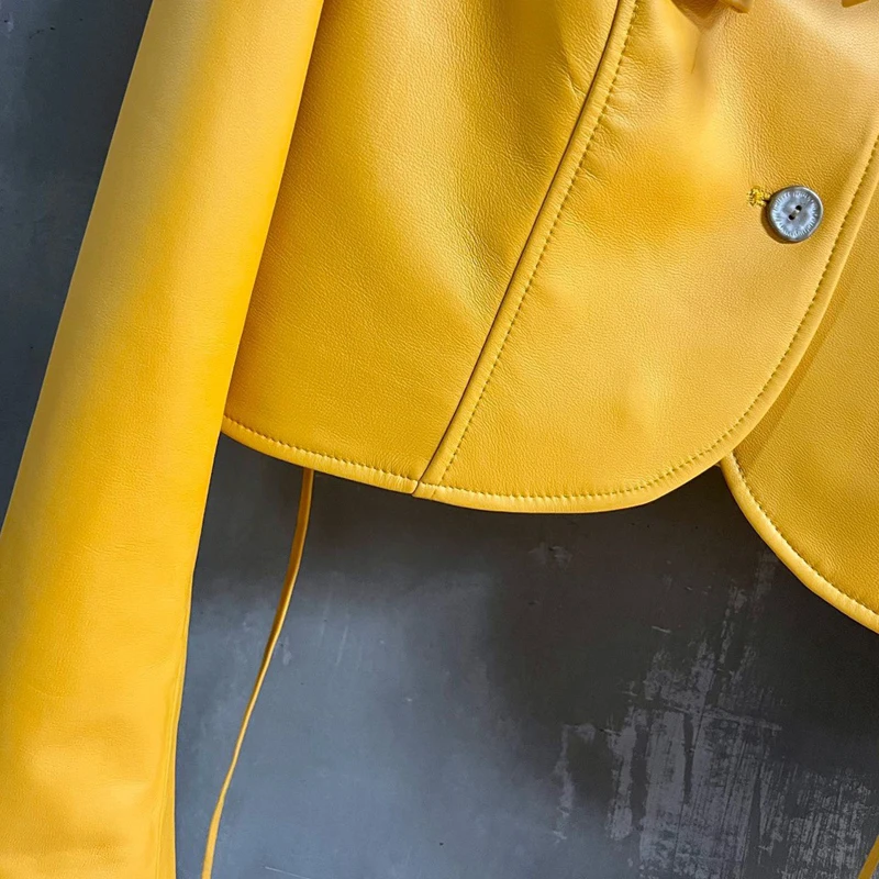 Fashion Yellow Imported Lambskin Crop Jackets for Women Fall New Single-breasted Stand Collar Hot Girls Streewear Jacket Tops