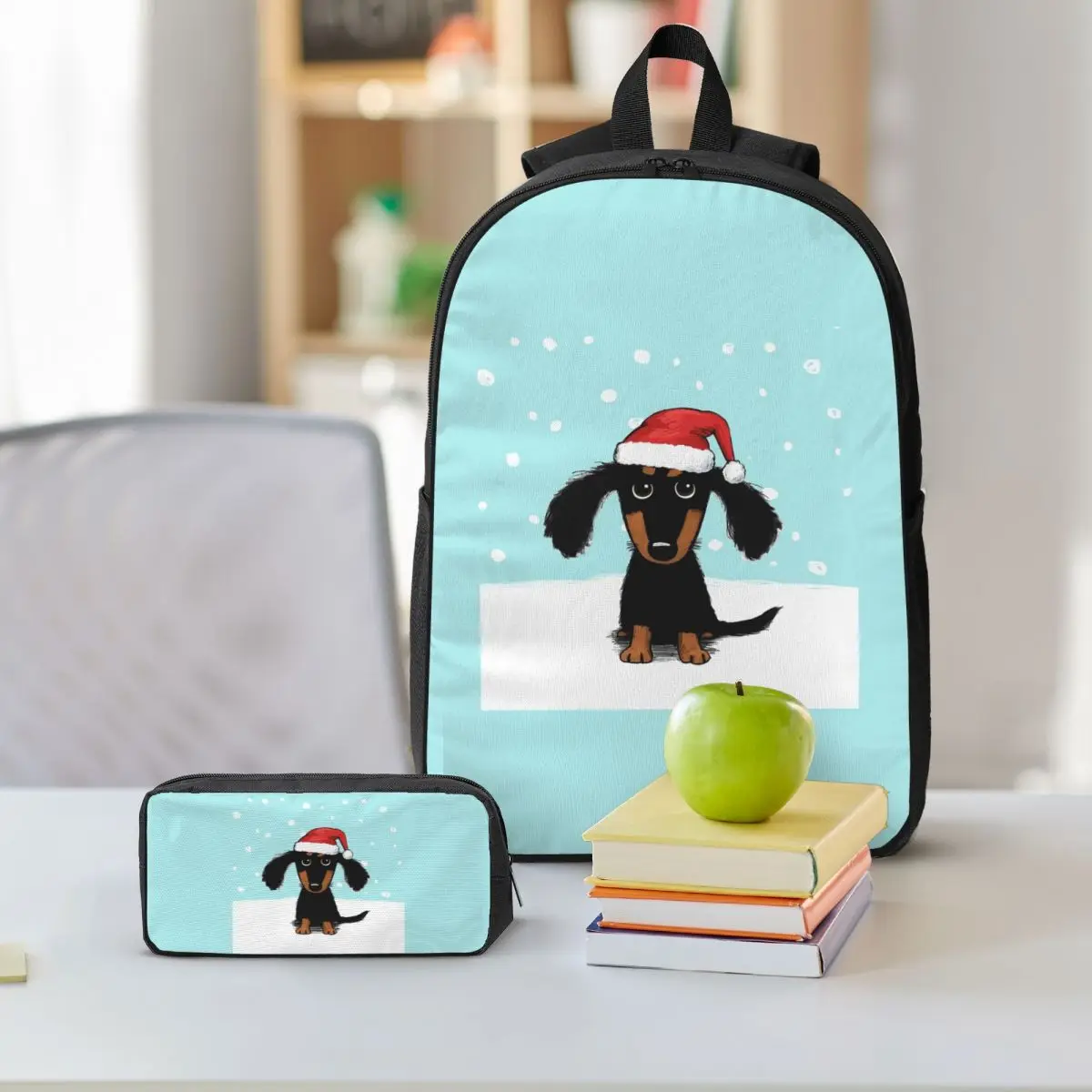 Ransel Santa Anjing Wiener Musim Dingin Natal Dachshund Lucu Tas Buku Anak Laki-laki Perempuan Tas Sekolah 3Ps Tas Makan Siang Terisolasi Kotak Pensil