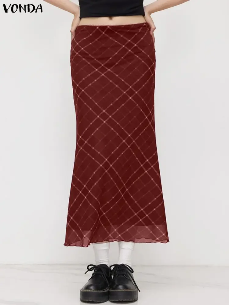 

VONDA осенние винтажные клетчатые длинные юбки женские с высокой талией повседневные юбки с принтом Jupes модные макси Faldas Saia 2025 корейские верхние юбки