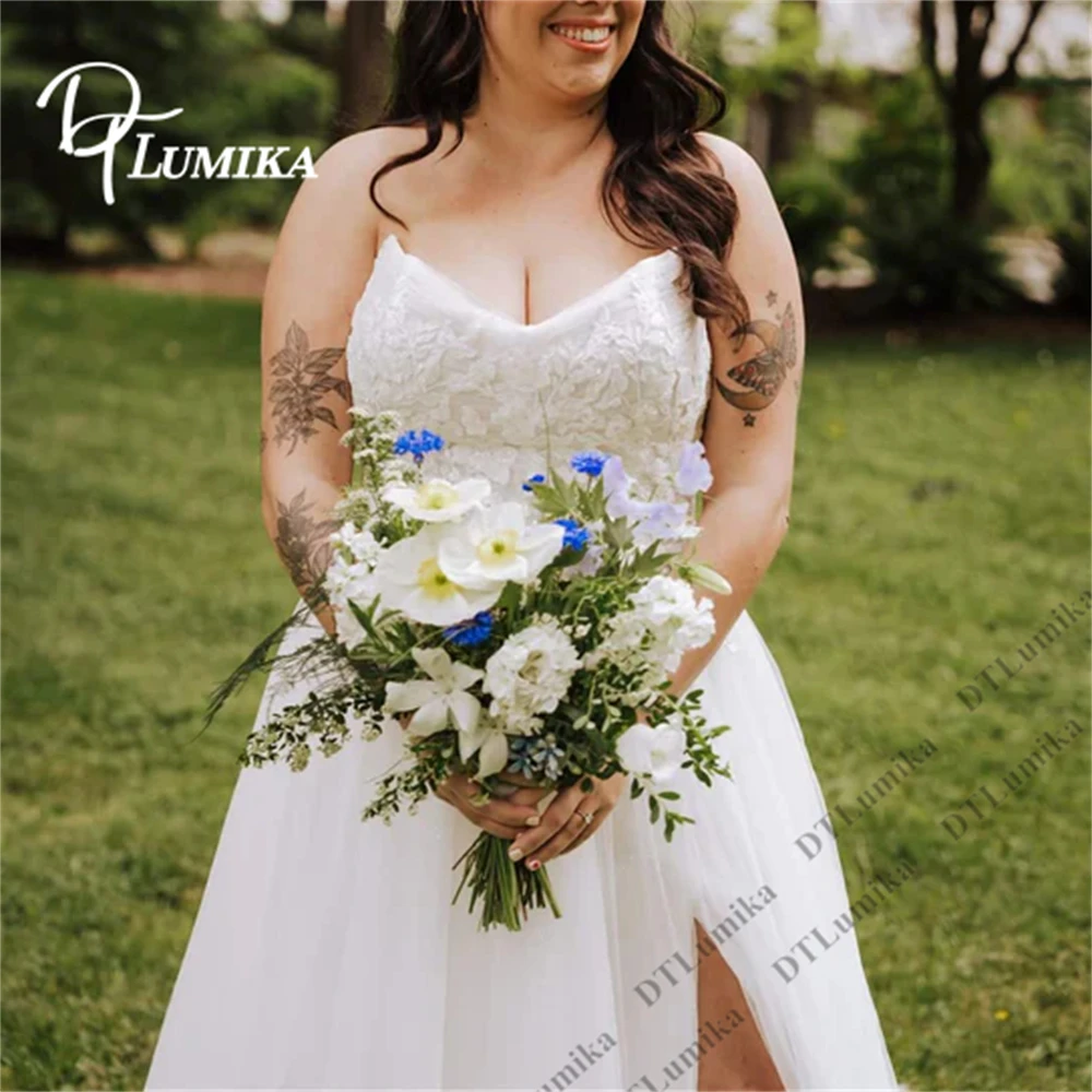 DTLumika 7 Days Ship Strapless Tulle Bridal Gown with Lace , Plus Size Customized Women‘s Wedding Bride Dress with High Split
