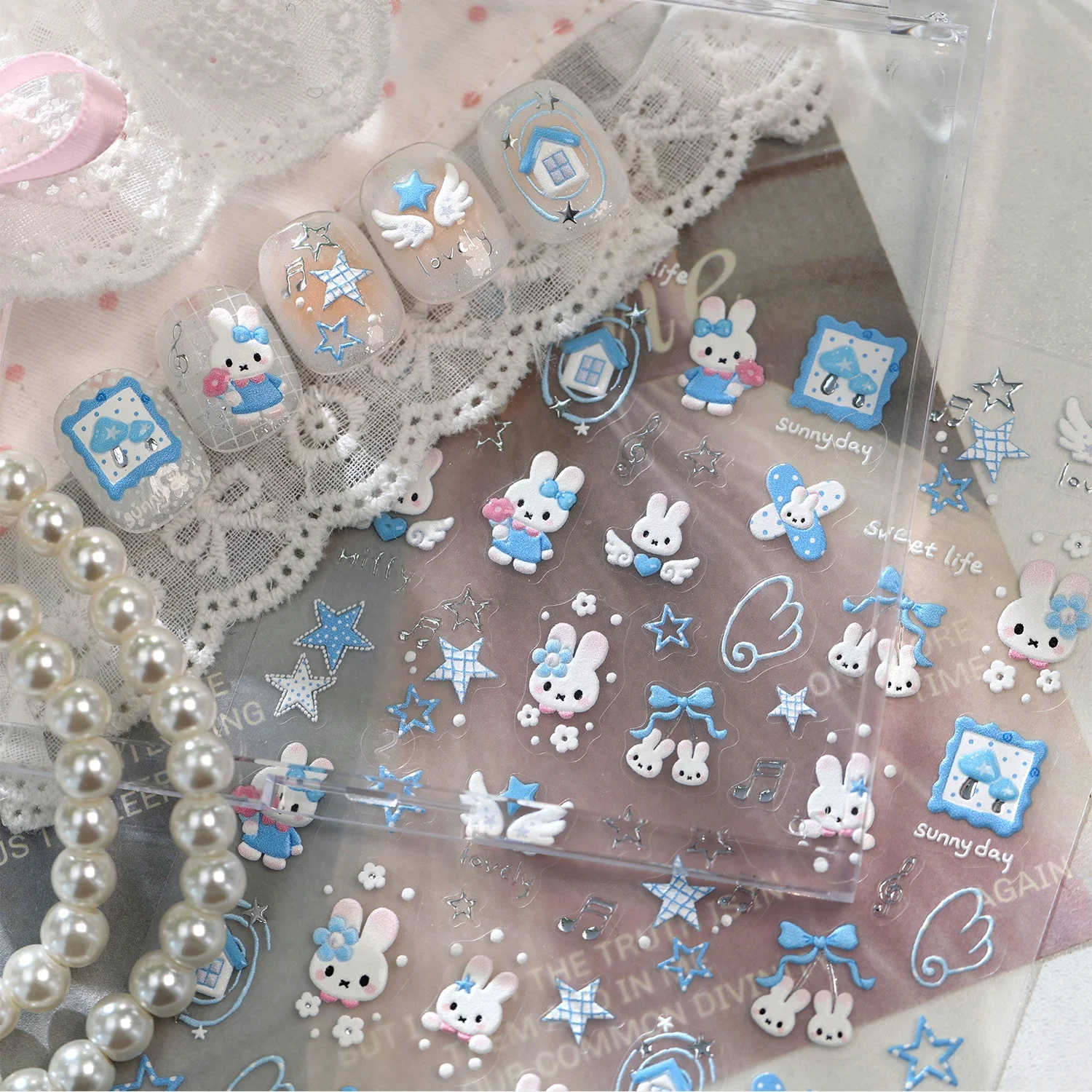 Fluffy Lop-Ear Rabbit 5D Nail Art Stickers Plaid Star Note House Photo Frame Wing Line Heart Bowknot Self-Adhesive Nail Decals